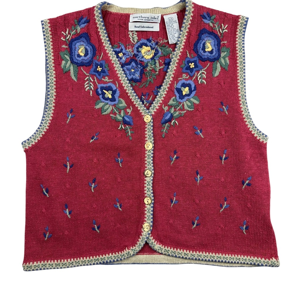 VTG hand embroidered Floral Knit grannycore sweater vest L Red Button up